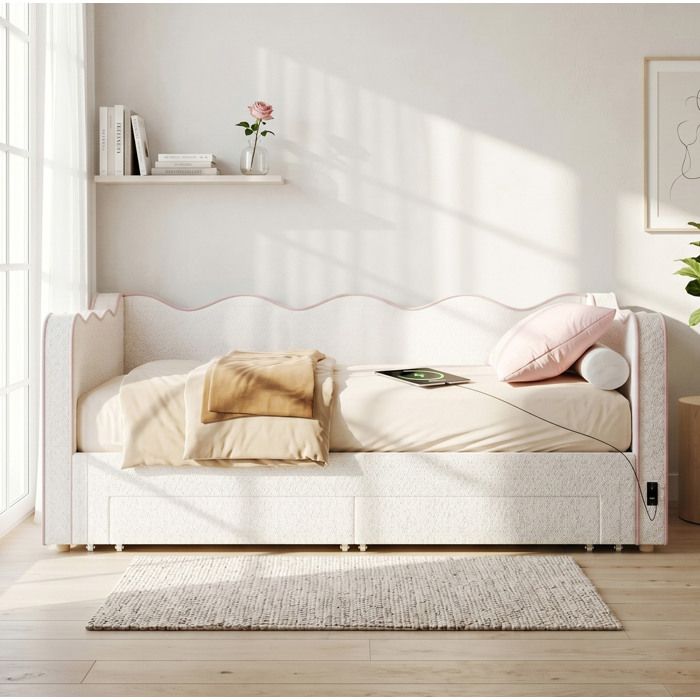 ROVRYN daybed extensible 90x200 cm avec sommier à lattes 2 tiroirs USB et USB-C bouclé beige