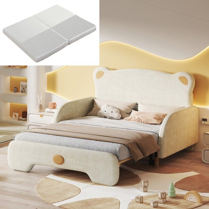 Lit canapé enfant - PAGE LIVING - Forme dours - Velours beige capitonné - 140x200 cm - Lit escamotable avec sommier à lattes