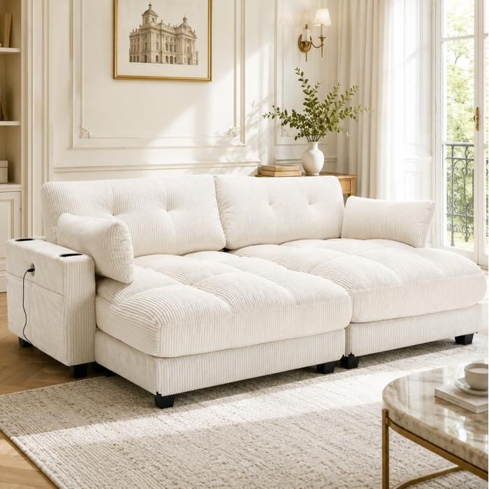 Ensemble de canapés avec 1 Canapé 2 Places Modulable et 2 Coussins - TCQPZ - 4 Porte-gobelets 4 Poches - Velours Côtelé - Beige