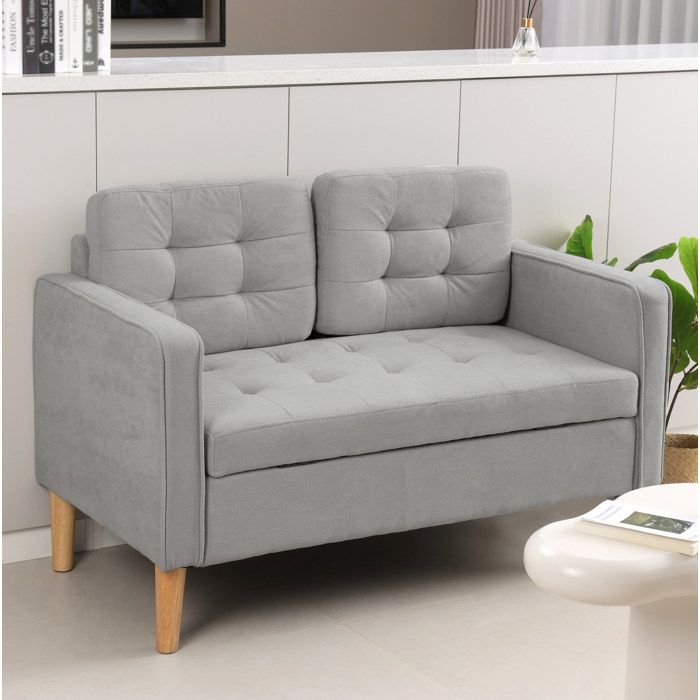 Canapé 2 Places Gris Clair Aspect Velours Banquette Fixe FloraGrace Pour Salon Ou Chambre Avec Coffre Sous Assise 117x62x78cm