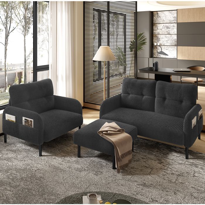 Ensemble canapé 3 pièces gris en velours côtelé avec canapé 2 places fauteuil pouf et poche latérale