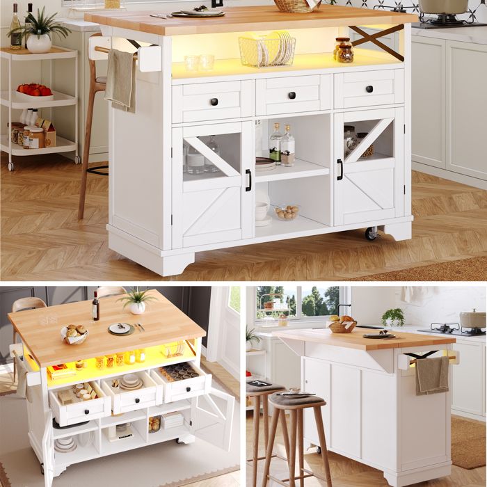 Îlot Central Cuisine Mobile sur Roulettes avec LED Table Pliante 3 Tiroirs Métal et MDF-Norevia