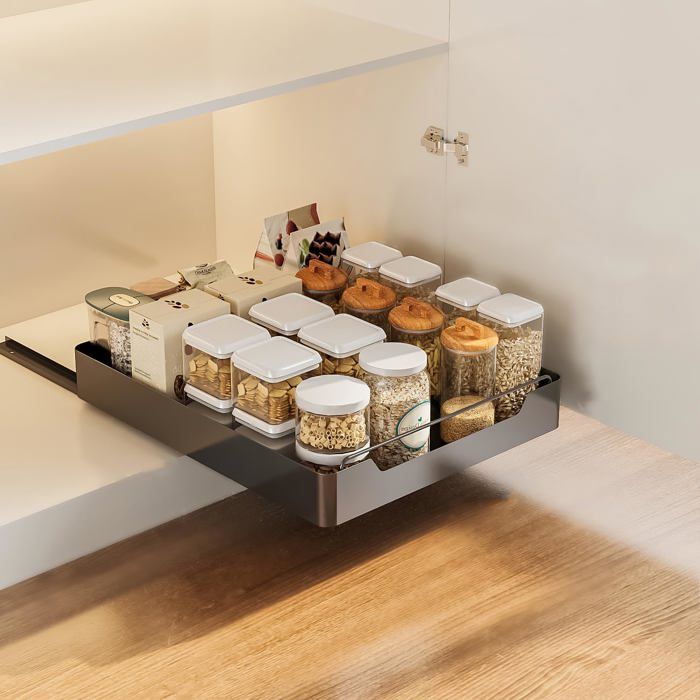 Tiroir télescopique extensible organisateur armoire cuisine fixation adhésive 40L x 43P x 7H cm sans perçage noir