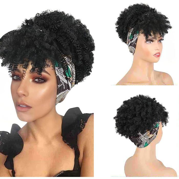Perruque Afro Courte Crépue Bouclée Avec Frange-2 En 1 Pour Femme Noire-Perruque Afro Bouffante Avec Bandeau Réglable-Cheveu[CA295]