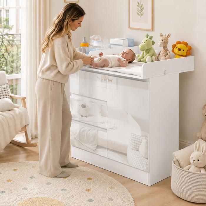 Commode à Langer Avec 3 tiroirs Table à Langer Pour BéBé De la naissance à 12 mois 80x74x88cm En aggloméré et MDFBlanc Brillant