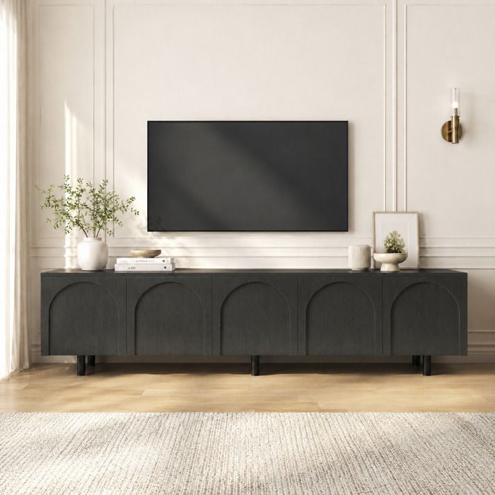 Ulsam Meuble TV Bas 180 x 38 x 45 cm 5 Portes avec Relief en Arc Espace de Rangement pour Télévision jusquà 75 Pouces - Noir