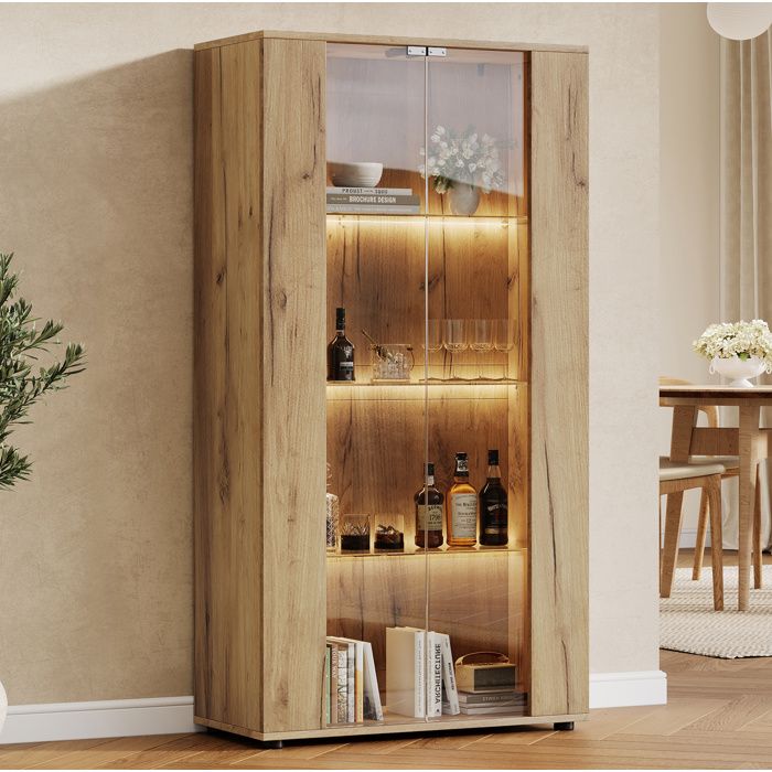Modenuit Vitrine 2 portes vitrées 4 étagères LED réglable aspect bois naturel 80 x 36 x 1505 cm