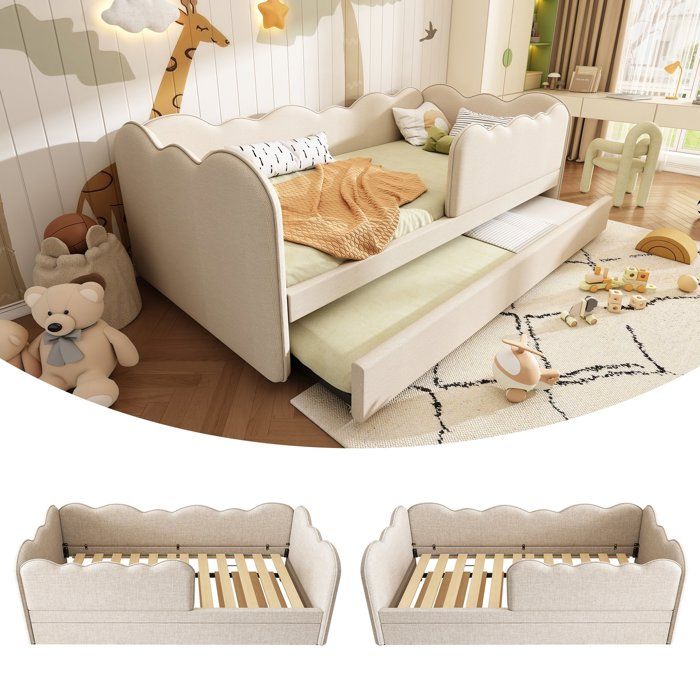 Lit coffre 90x190 beige en lin avec tiroir escamotable sommier à lattes sans matelas pour enfant et invité