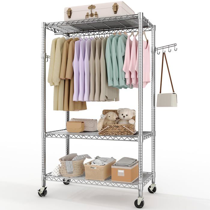 Portant vêtements roulant 3 étagères métal armoire dressing mobile 2 tubes roues frein rangement vêtements lourds chambre
