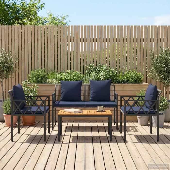 Ensemble de meubles dextérieur - vidaXL - Lot de 4 - Gris et bleu - 1 table1 banc 2 chaises - bois d’acacia massif - 80x40x40 cm