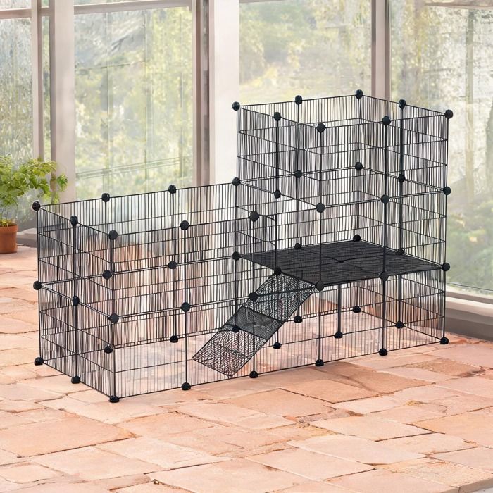 Habitat intérieur 2 niveaux pour lapins et rongeurs 140x70x105 cm acier noir 39 panneaux