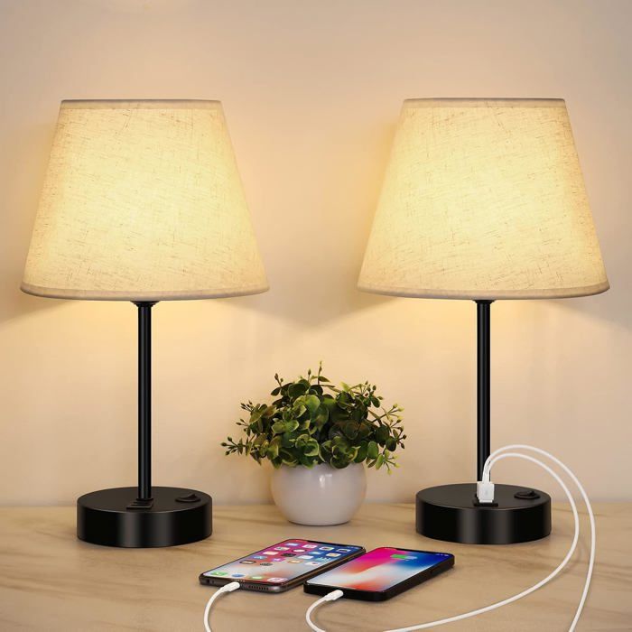 Lot de 2 lampes de chevet avec 2 ports USB - douille E27 abat-jour en lin et base en métal noir 39 2 cm