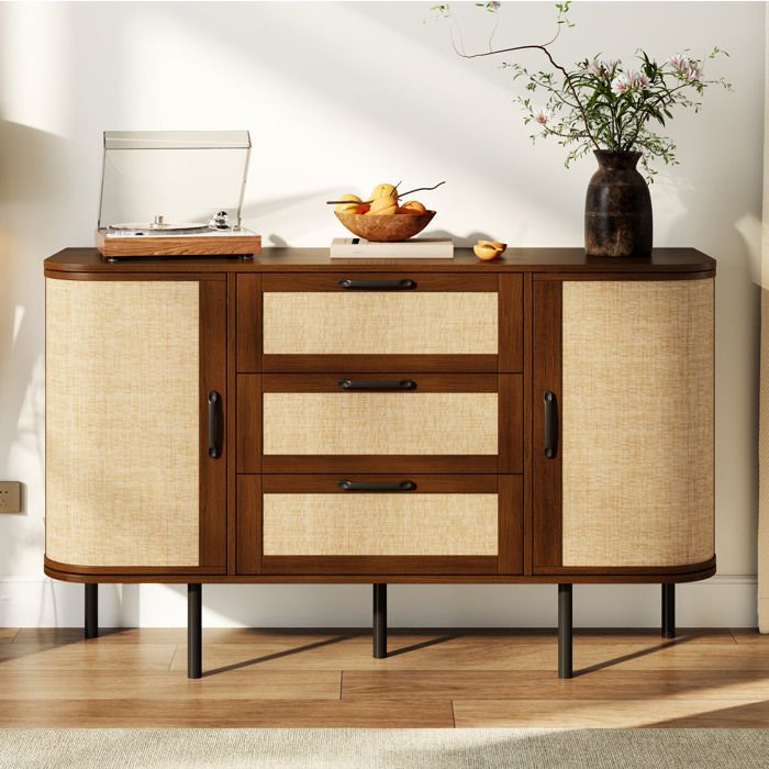 Bahut Rétro MDF Nussbaum 120x40x82cm - 2 Portes + 3 Tiroirs Ronds