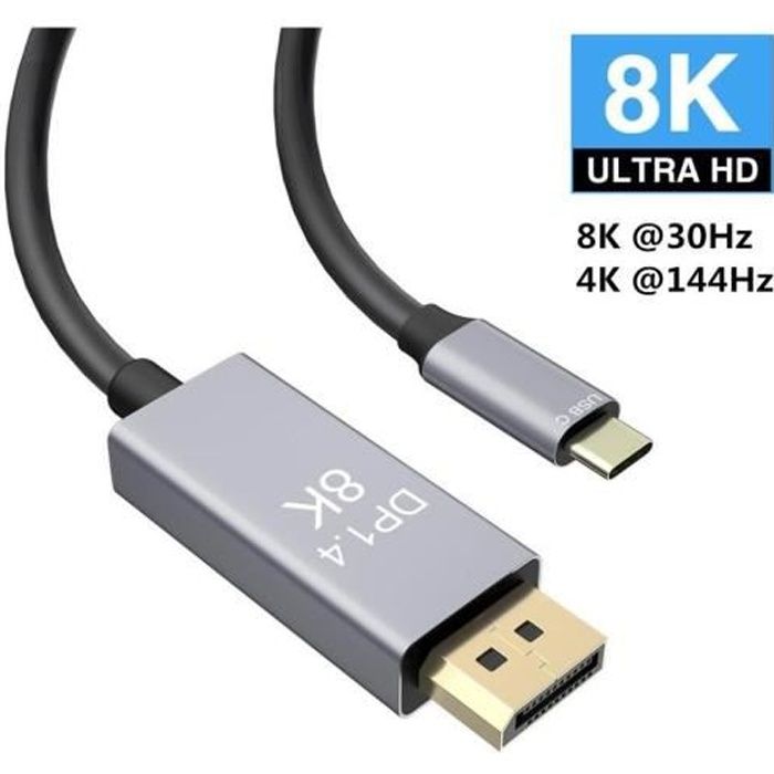 Thunderbolt 3 vers DisplayPort Compatible avec MacBook Pro Dell XPS 15 iPad Pro uni Câble USB C vers DisplayPort 2Pcs 4K@60Hz, 2K@144Hz Surface Book 2 etc MacBook Air Gris