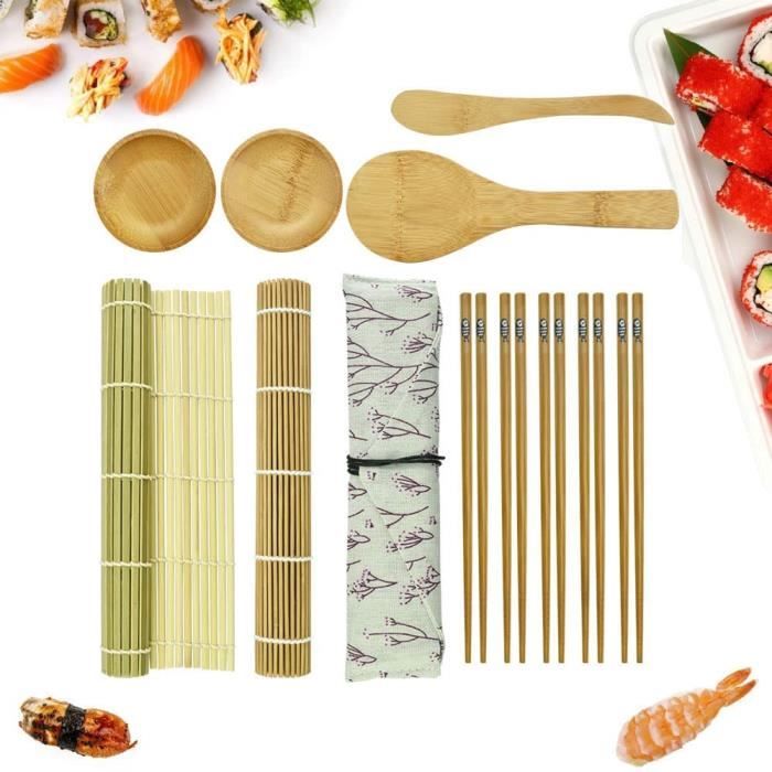 Kit à Sushis 100% Bambou Comprend 2 Tapis à Rouler à Sushis Une Pagaie De Riz Un Écarteur De Riz Des Baguettes-Kit De Fabrication De Sushis Débutant 