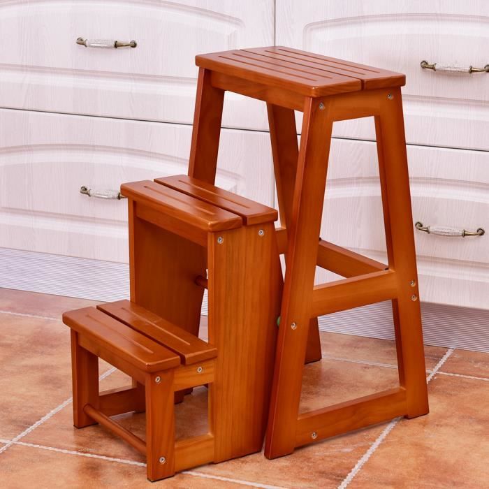 Tabouret dEchelle Tabouret d’Escabeau Pliant 3 Etages 57 x 38 x 65 cm Couleur de Noyer en Bois de Pin
