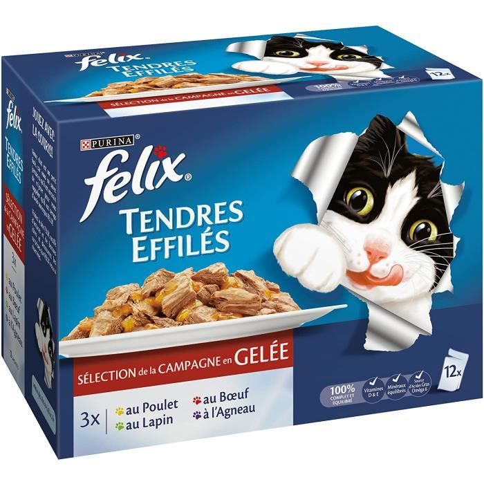 Nourriture pour chats Felix Tendres Effilés en Gelée Viandes - 12 x 100 g - Sachets repas pour Chat Adulte - Lot de 6 38220