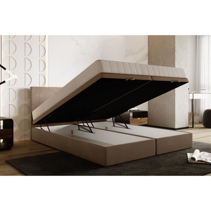 Lit adulte 140x200 cm SIESTA - rembourré avec rangement et matelas ressorts ensachés – tissu velours - beige