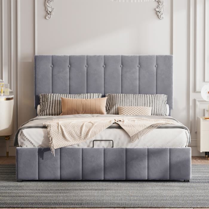 Lit Double 140x200cm KeepGoon - Tête De Lit Fleur Velours Beige - Sommier à Lattes - Stable 250kg