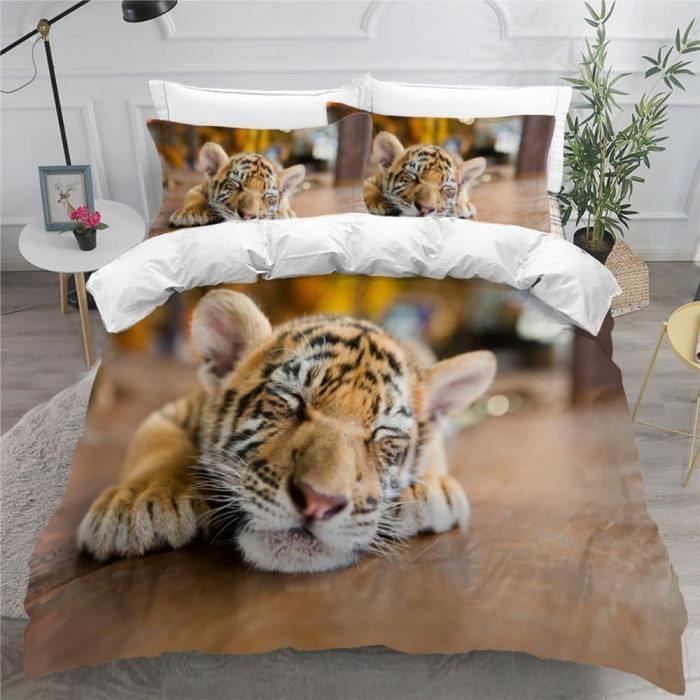 Housse De Couette 240x260 + 2 X Taie D'Oreiller 65x65cm- Microfibre Parure De Lit Adulte -Tigre
