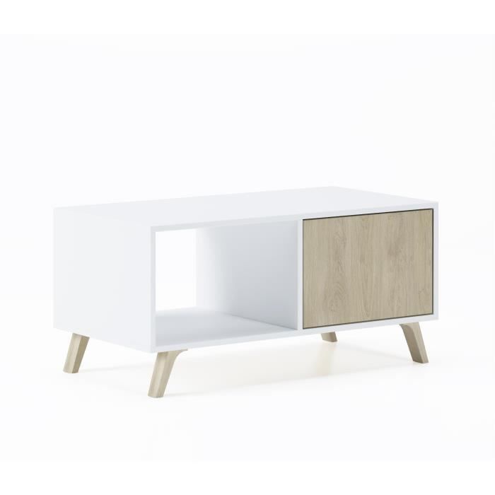 table basse avec portes, salle à manger, modèle wind, blanc-chêne, 92x50x45cm, rf622