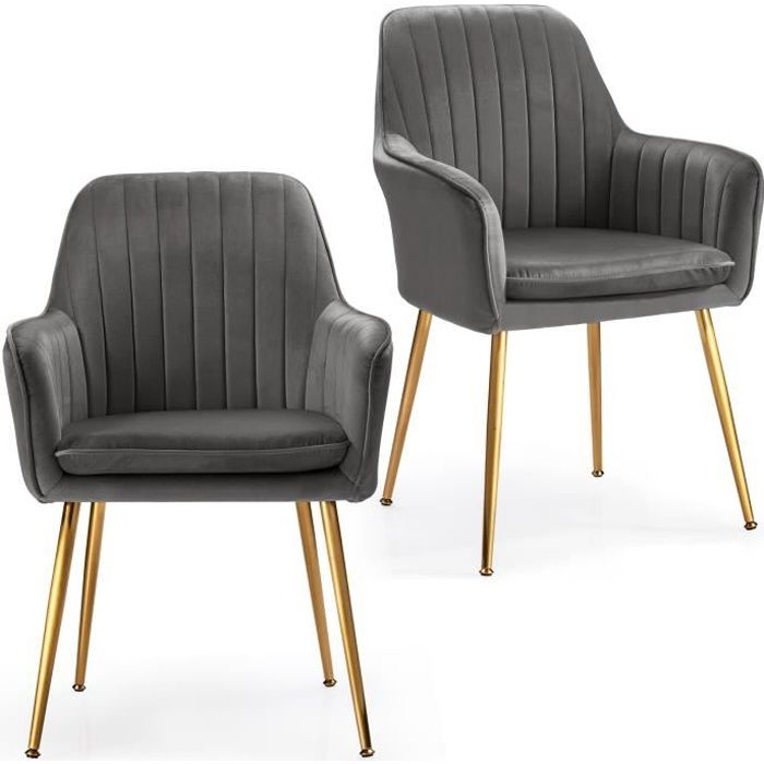 costway 2 chaises salle à manger en velours rétro gris, scandinaves avec accoudoir, assise rembourrée, pieds en métal or
