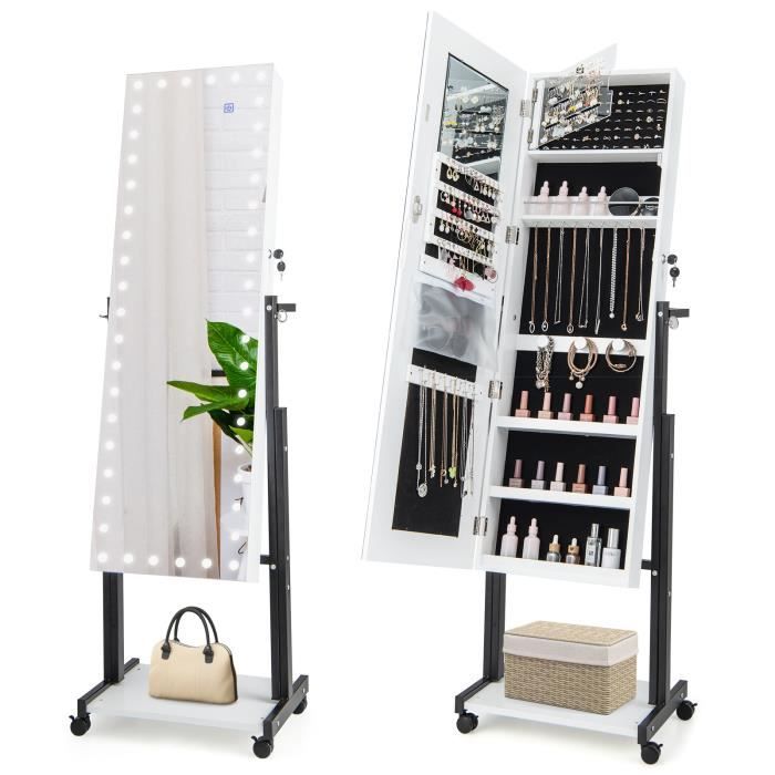 COSTWAY Armoire à Bijoux à Roulettes - Miroir Pleine Longueur Lumières LED Hauteur-Angle Réglables Interrupteur Tactile - Blanc