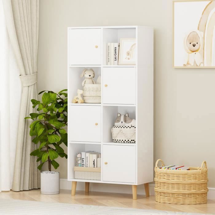Bibliothèque scandinave - DHHOZAMZ - Étagère de Rangement 8 Compartiments - 8 portes - Blanc