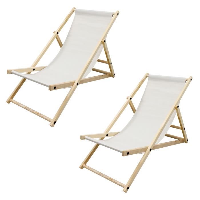ecd germany lot de 2 chaise longue en bois de pin - beige - pliable - 120 kg - réglable à 3 positions - bain de soleil
