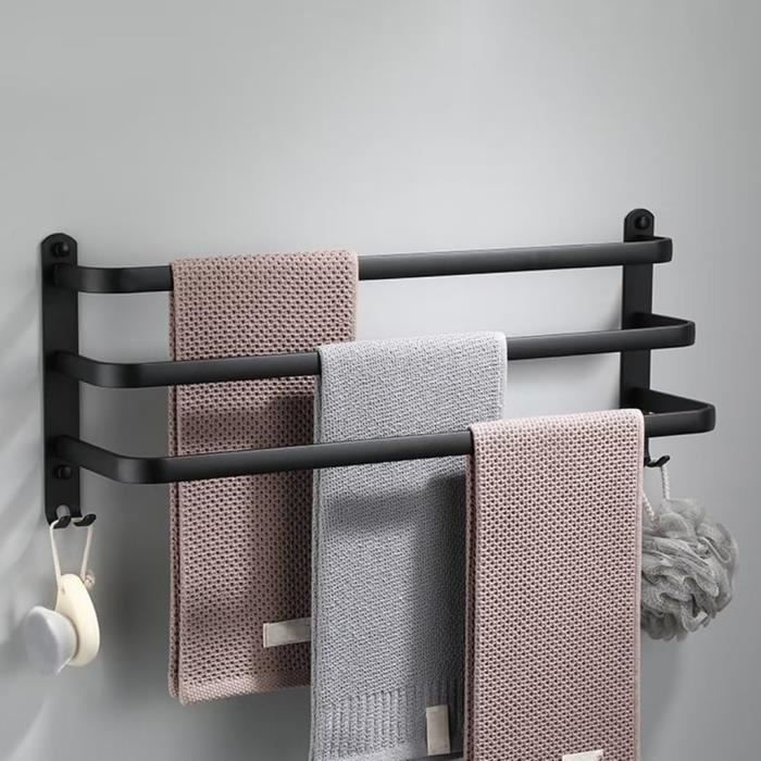 Porte Serviette Salle De Bain Adhésif Porte-Serviettes Mural Double Bras Support De Serviettes En Acier Inoxydable Pour Toilettes Cuisine Noir
