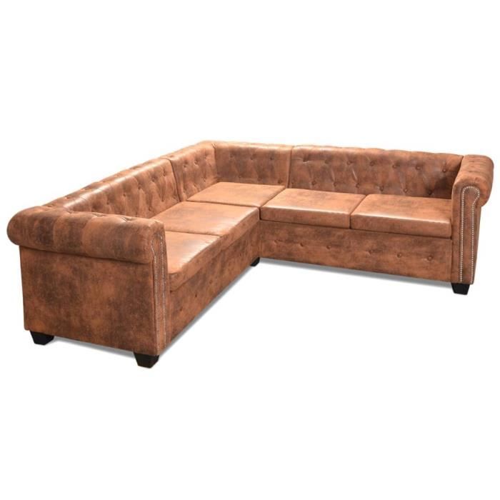 Canapé D'angle Chesterfield 5 Places En Simili Cuir Blanc - Design Luxe à Détails Cloutés