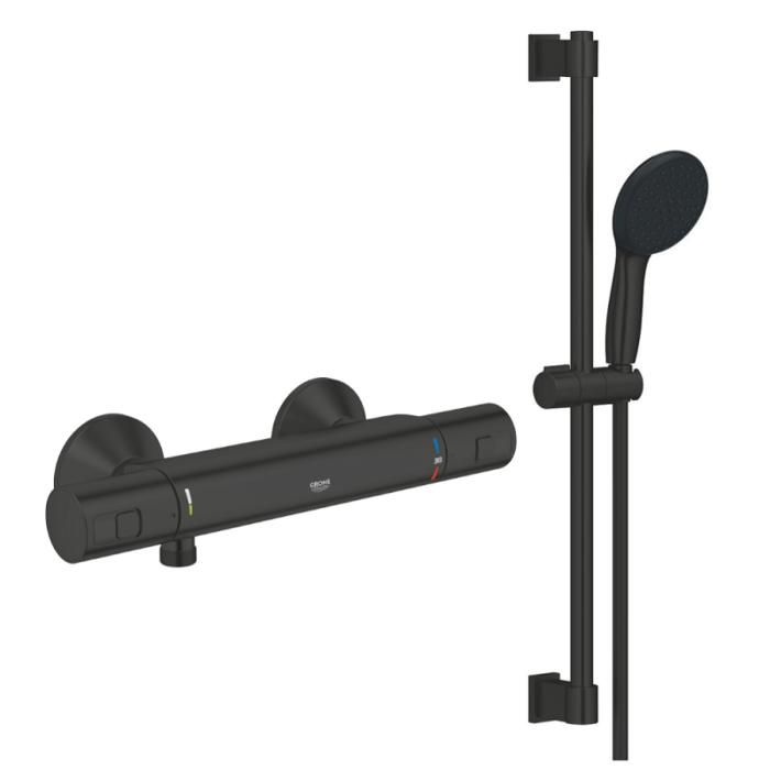 Grohe Pack mitigeur douche thermostatique Precision Start noir mat + ensemble Vitalio Start avec barre