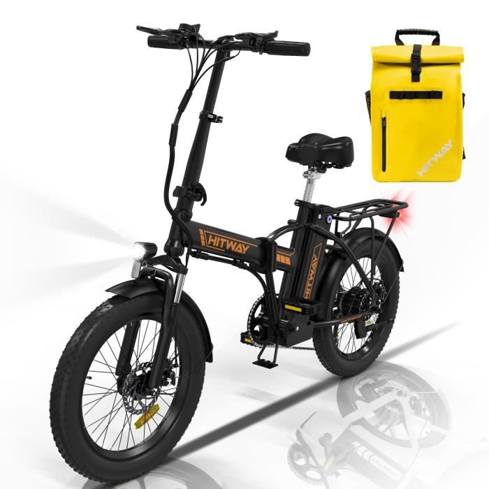 HITWAY  V&eacute;lo &eacute;lectrique Pliable 20 E-Bike Noir-Orange - Batterie 36V - 112Ah - Ecran LCD+ Sac Jaune 