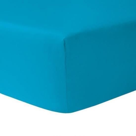 Drap Housse - HOMEROKK - 200x200 cm - 100% coton - 57 fils/cm² - Turquoise (grand bonnet 25 cm)
