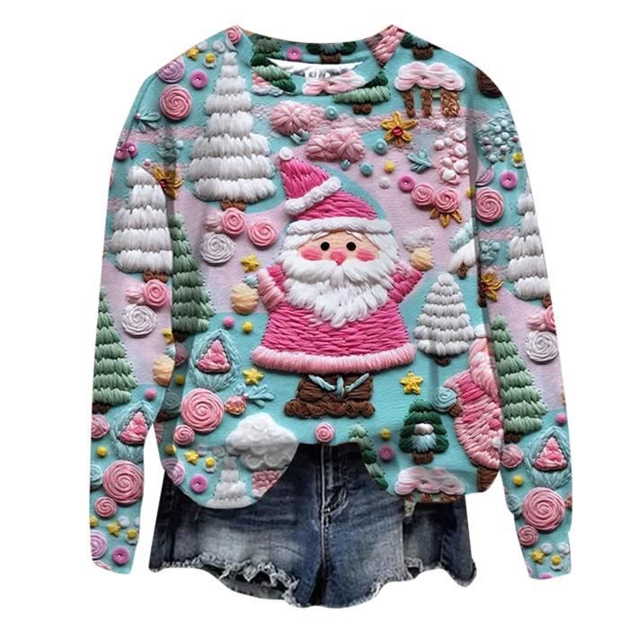 Pull De Noël Humour Chat 3D – Sweat-shirt Femme Col Rond Manches Longues, Motif Moche Et Drôle Pour Les Fêtes