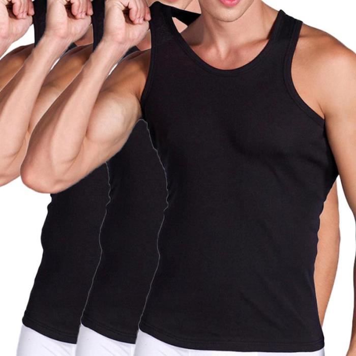 Lot de 3 Débardeur Homme Sans Manche Stretch Coton Couleur Unie Sport Col  Rond