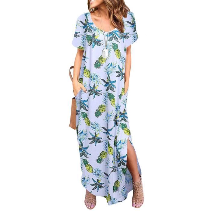 Robe Longue Bohème Femme Été - Maxi Robe Chic Col V Manches Courtes Grande Taille Jeans - Robe Décontractée Élégante