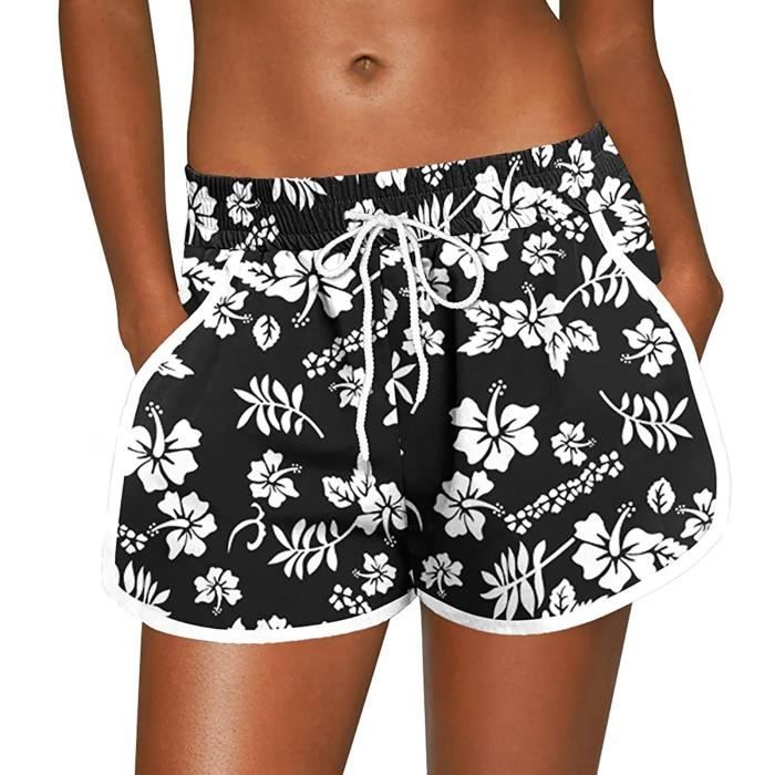 Short de plage noir pour femmes avec imprimé floral - Summer Beach  Boardshorts avec poches