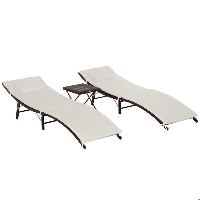 Outsunny Lot de 2 transats bains de soleil pliables grand confort : matelas, têtière + table basse résine tressée chocolat