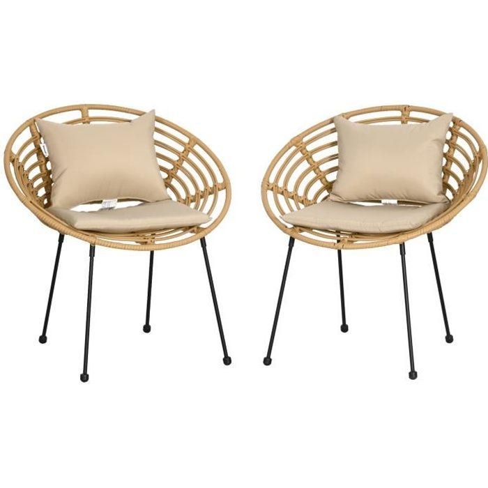 lot de 2 chaises de jardin style colonial coussins beige inclus résine tressée et filaire aspect rotin 97x87x90cm beige