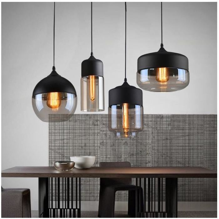 Lot de 4 Lustre en Verre Suspension Luminaire Vintage E27 Noir pour Cuisine Salon Salle à Manger