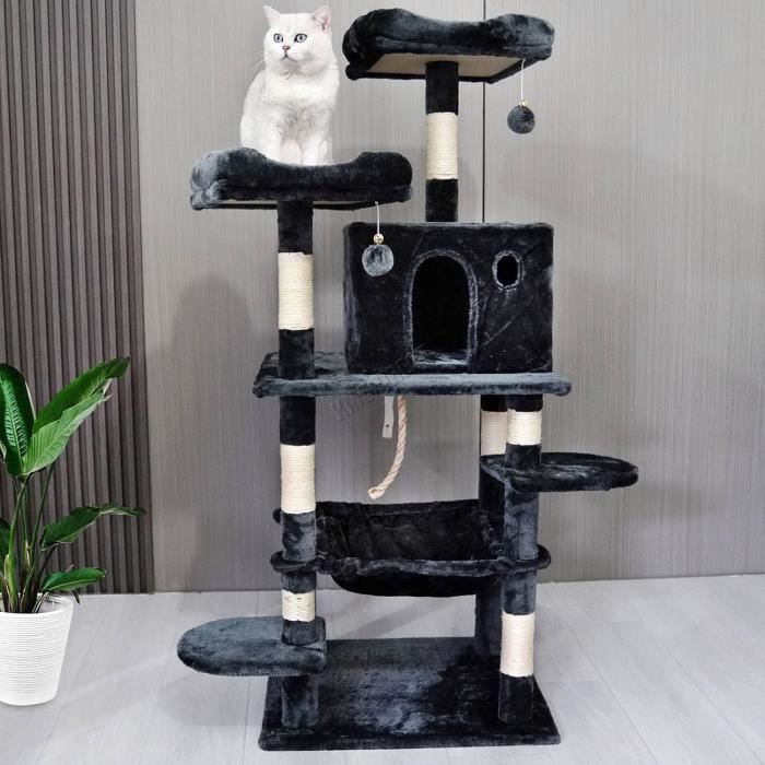 Arbre à Chat Grand Format 145 Cm - 3 Plateformes, Hamac, Cachette - Stable Pour Plusieurs Chats - Rouge/Noir
