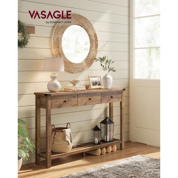 Table Console avec 3 Tiroirs et Étagère de Rangement pour Entrée Salon Style Campagnard Marron Miel