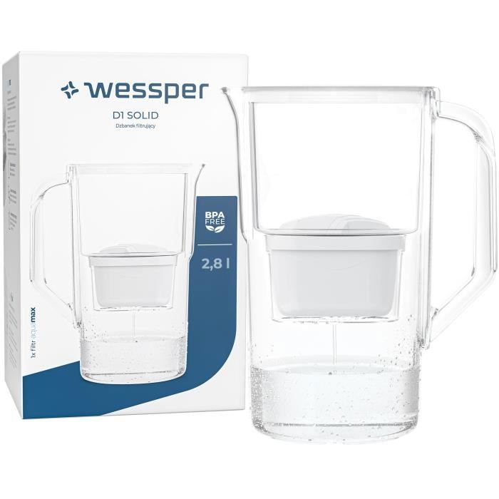 Wessper Carafe Filtrante En Verre 2.5L + 2 Filtres - Compatible Brita Maxtra/Maxtra+, Design Élégant & Résistant Chaleur