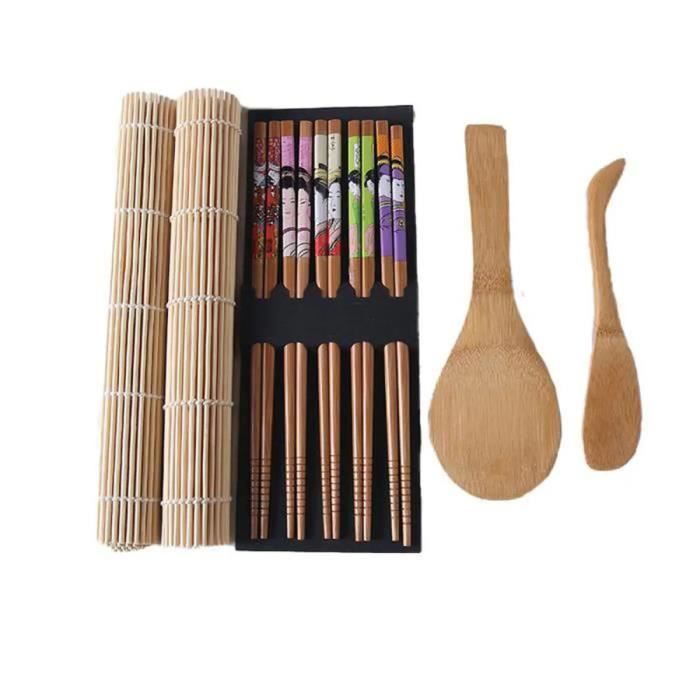 9 pcs kit sushi , comprend 2 tapis à rouler en bambou, 5 paires de baguettes, 1 pagaie de riz et 1 spatule à riz (ordinaire)