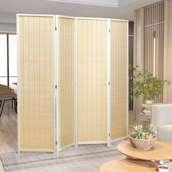 HOMCOM Paravent En Bois 4 Panneaux 160 X 170 Cm - Séparateur De Pièce Pliable En Bambou Naturel Clair