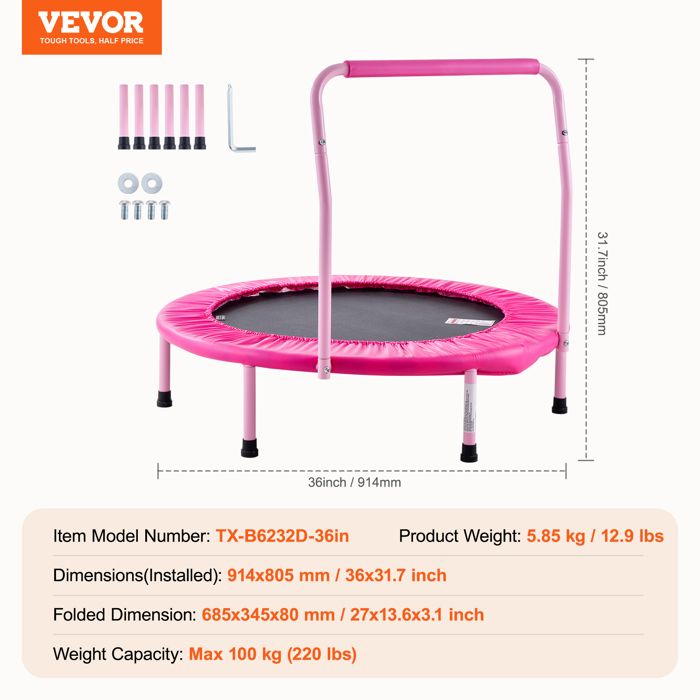 Trampoline Enfant 3-12 Ans Cadeau VEVOR Mini Trampoline Pliable Pour Enfant, 955 X 750 Mm, Fitness Rebounder Pour Tout-Petits Avec Poignée, Cadeau D'anniversaire Pour Enfants De 3 Ans Et Plus, Garçons Et