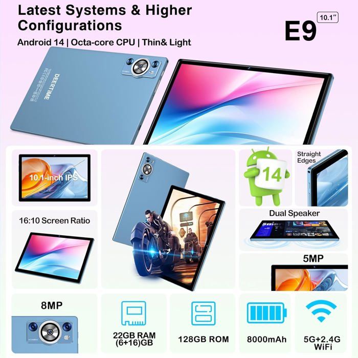 Dghrti Tablette 10 Pouces Android 14-22Go RAM + 128Go ROM (Extensible 1To) - Octa-Core - 8000mAh - Widevine L1 - WiFi 5G/BT 5.0-5MP+8MP - Coque Métallique + Clavier/Souris Inclus - Noir