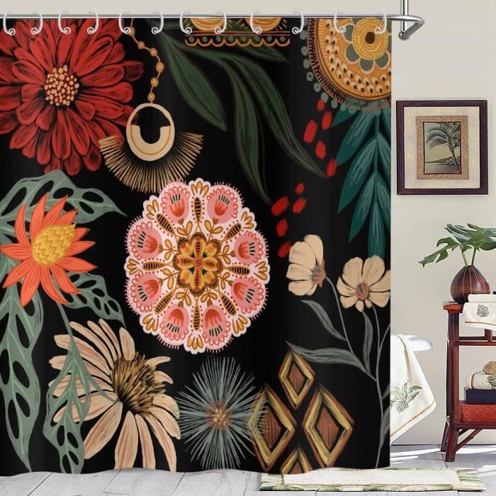 180x180cm Champignon Rideau De Douche Boho Floral Lavable Tissu Rideaux De Bain Avec 12 Crochets 95651668