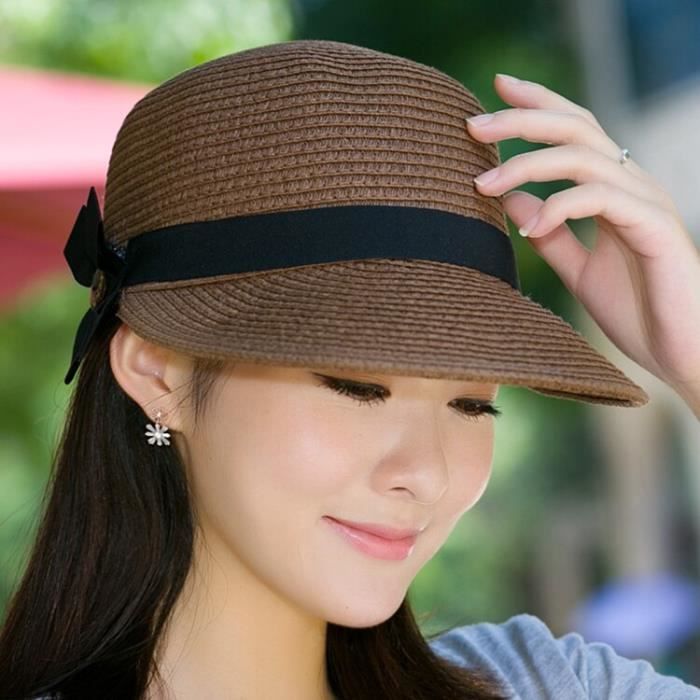 Chapeau De Soleil Pliable Femme JZK - Large Bord Réglable - Paille Papier Huilé - Beige